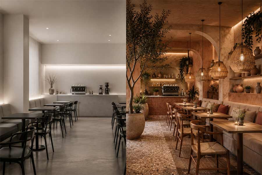 Split restaurant interior showing minimalist café design contrasted with warm earthy hospitality interiors featuring textured materials and layered lighting.